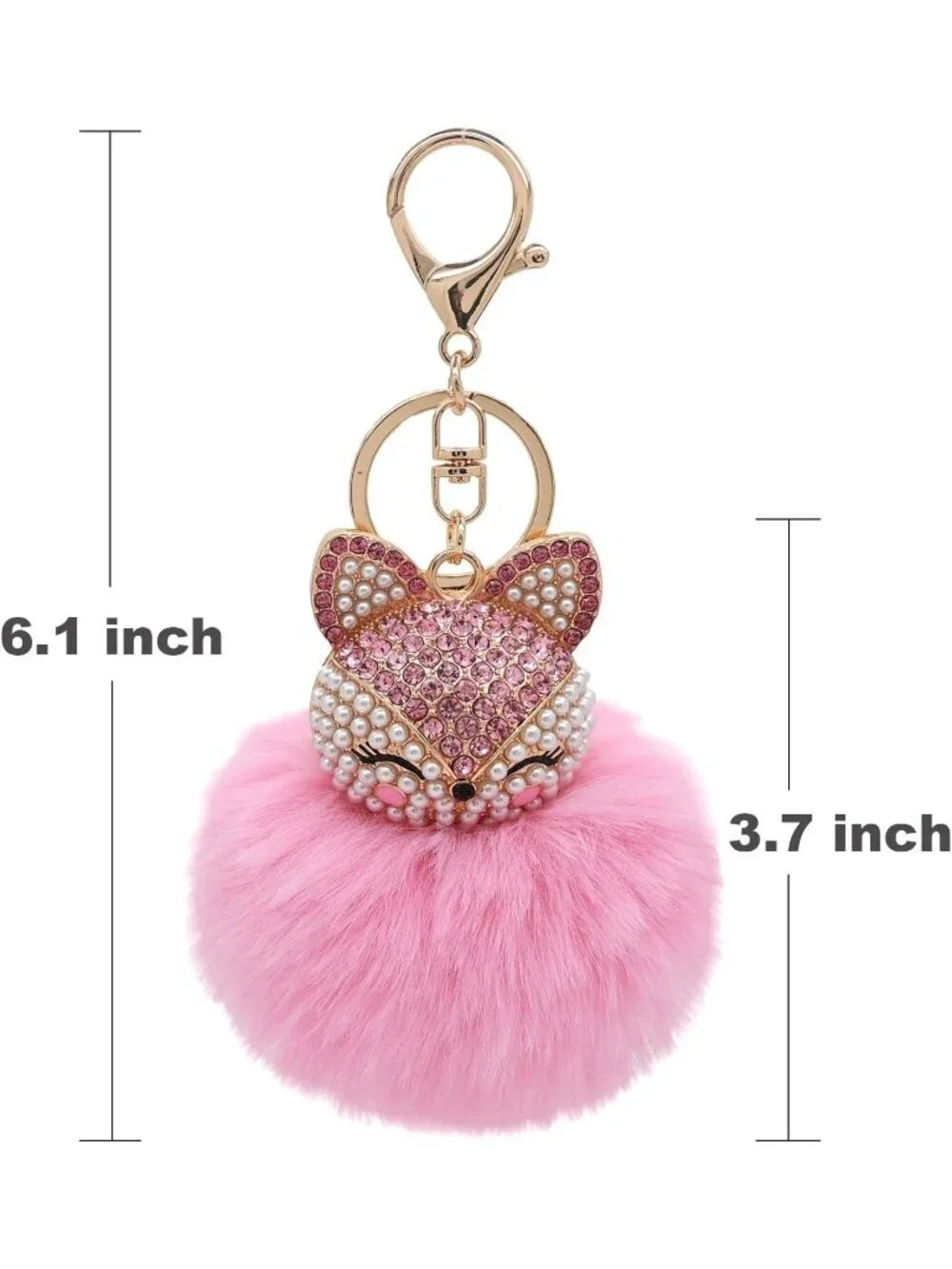 Women's Pink Head Keychain with Faux Fur Pom-Pom Bling Rhinestones Simulated